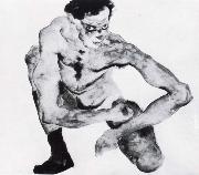 Egon Schiele Squatting male nude with stockings painting